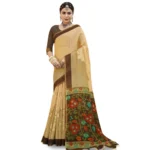 Women's Cotton Floral Pattern Foil Printed Saree With Blouse (Cream, 5-6 Mtrs)