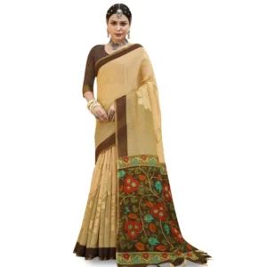Women's Cotton Floral Pattern Foil Printed Saree With Blouse (Cream, 5-6 Mtrs)