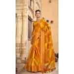 Women's Cotton Geomatric Printed Saree With Blouse (Yellow, 5-6 Mtrs)