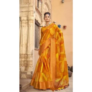 Women's Cotton Geomatric Printed Saree With Blouse (Yellow, 5-6 Mtrs)