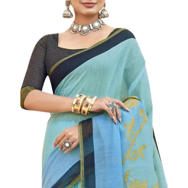 Women's Cotton Floral Pattern Foil Printed Saree With Blouse (Sky Blue, 5-6 Mtrs)
