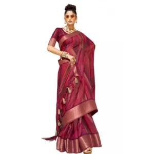 Women's Cotton Stripe Printed Saree With Blouse (Maroon, 5-6 Mtrs)