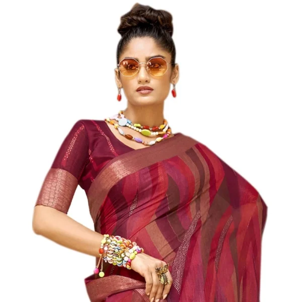 Women's Cotton Stripe Printed Saree With Blouse (Maroon, 5-6 Mtrs)
