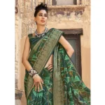 Women's Cotton Geomatric Printed Saree With Blouse (Dark Green, 5-6 Mtrs)