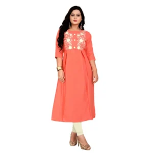 Women's Cotton Embroidery Straight Kurti (Peach)