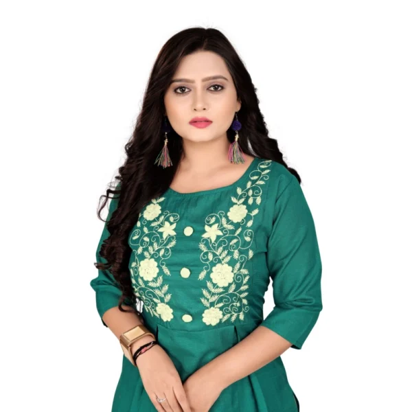 Women's Cotton Embroidery Straight Kurti (Turquoise Green)