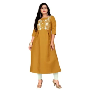 Women's Cotton Embroidery Straight Kurti (Mustard Yellow)