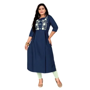 Women's Cotton Embroidery Straight Kurti (Navy Blue)