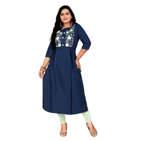 Women's Cotton Embroidery Straight Kurti (Navy Blue)