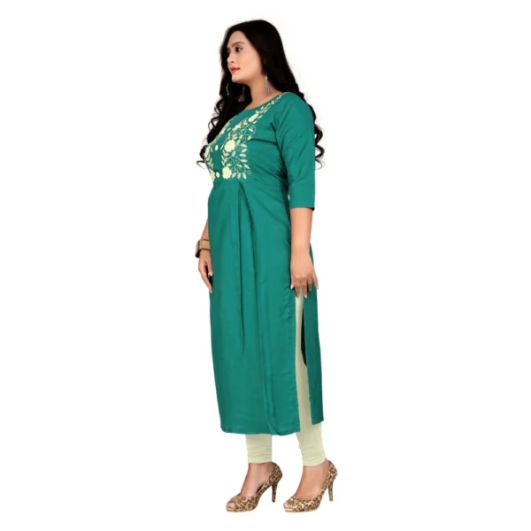 Women's Cotton Embroidery Straight Kurti (Turquoise Green)
