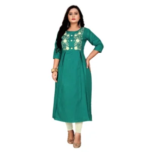 Women's Cotton Embroidery Straight Kurti (Turquoise Green)