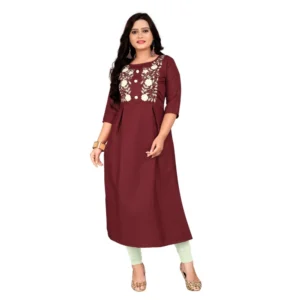Women's Cotton Embroidery Straight Kurti (Maroon)
