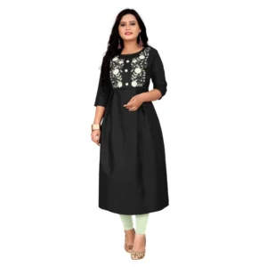 Women's Cotton Embroidery Straight Kurti (Black)