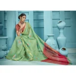 Women's Organza Floral Printed Saree With Blouse (Green, 5-6 Mtrs)