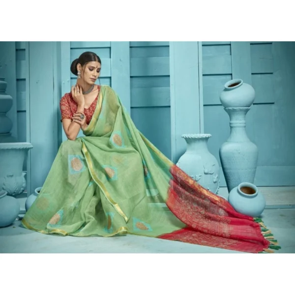 Women's Organza Floral Printed Saree With Blouse (Green, 5-6 Mtrs)