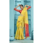 Women's Organza Floral Printed Saree With Blouse (Yellow, 5-6 Mtrs)