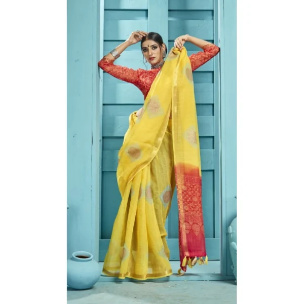 Women's Organza Floral Printed Saree With Blouse (Yellow, 5-6 Mtrs)