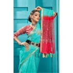 Women's Organza Floral Printed Saree With Blouse (Turquoise, 5-6 Mtrs)