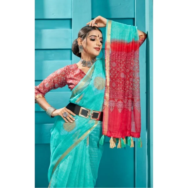 Women's Organza Floral Printed Saree With Blouse (Turquoise, 5-6 Mtrs)