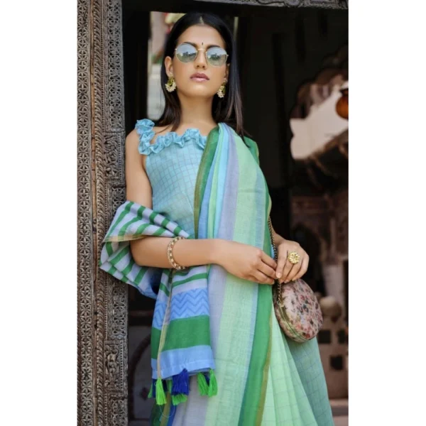 Women's Cotton Checks Printed Saree With Blouse (Sky Blue, 5-6 Mtrs)