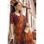 Women's Cotton Geometric Printed Saree With Blouse (Orange, 5-6 Mtrs)