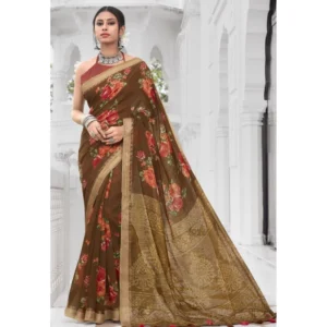 Women's Cotton Printed Saree With Blouse (Brown, 5-6 Mtrs)
