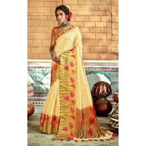 Women's Cotton Traditional Printed Saree With Blouse (Cream, 5-6 Mtrs)