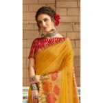 Women's Cotton Traditional Printed Saree With Blouse (Yellow, 5-6 Mtrs)