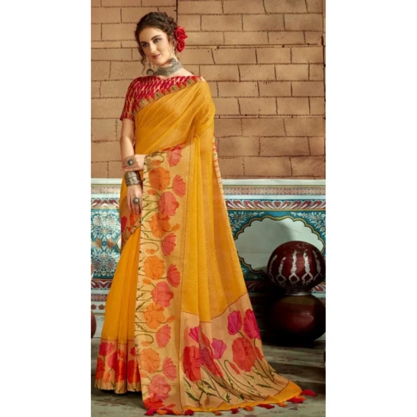 Women's Cotton Traditional Printed Saree With Blouse (Yellow, 5-6 Mtrs)