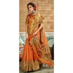Women's Cotton Traditional Printed Saree With Blouse (Saffron, 5-6 Mtrs)