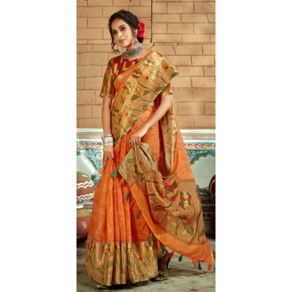 Women's Cotton Traditional Printed Saree With Blouse (Saffron, 5-6 Mtrs)