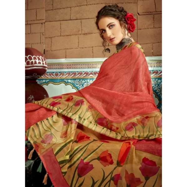 Women's Cotton Traditional Printed Saree With Blouse (Orange, 5-6 Mtrs)