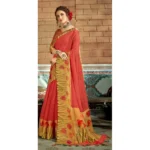 Women's Cotton Traditional Printed Saree With Blouse (Orange, 5-6 Mtrs)