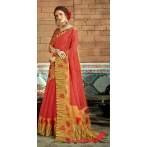 Women's Cotton Traditional Printed Saree With Blouse (Orange, 5-6 Mtrs)