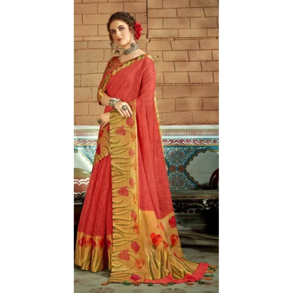 Women's Cotton Traditional Printed Saree With Blouse (Orange, 5-6 Mtrs)