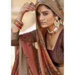 Women's Moss Chiffon Floral Printed Stone Embellished Latkan on Pallu Saree With Blouse (Light Brown, 5-6 Mtrs)