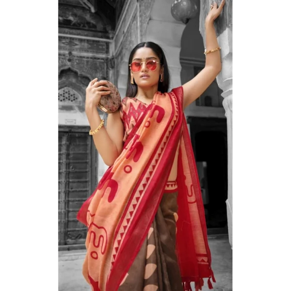 Women's Cotton Abstract Printed Saree With Blouse (Brown, 5-6 Mtrs)
