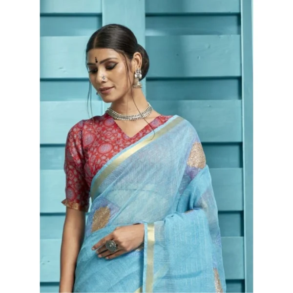 Women's Organza Floral Printed Saree With Blouse (Sky Blue, 5-6 Mtrs)