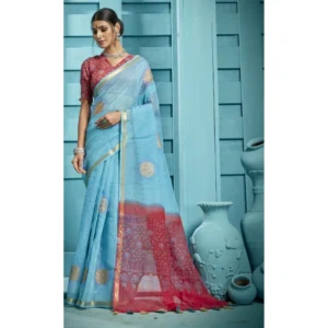 Women's Organza Floral Printed Saree With Blouse (Sky Blue, 5-6 Mtrs)