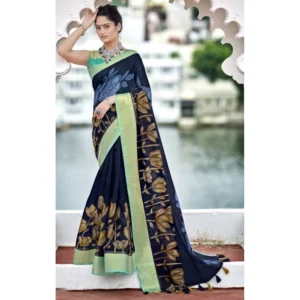 Women's Cotton Linen Floral Printed Saree With Blouse (Navy Blue, 5-6 Mtrs)