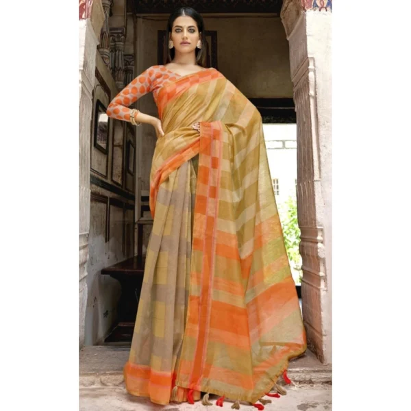 Women's Cotton Geometric Printed Saree With Blouse (Brown, 5-6 Mtrs)