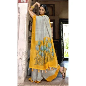 Women's Cotton Checks Printed Saree With Blouse (Grey & Yellow, 5-6 Mtrs)