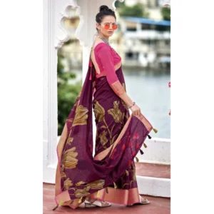 Women's Cotton Linen Floral Printed Saree With Blouse (Purple, 5-6 Mtrs)