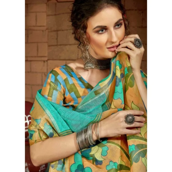 Women's Cotton Traditional Printed Saree With Blouse (Turquoise, 5-6 Mtrs)