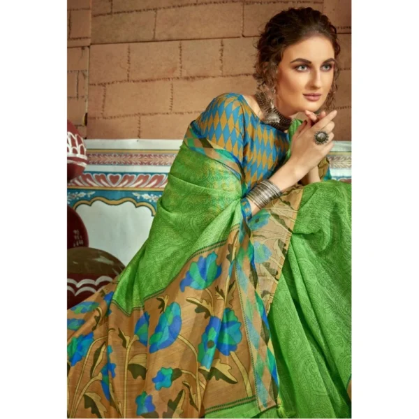 Women's Cotton Traditional Printed Saree With Blouse (Green, 5-6 Mtrs)