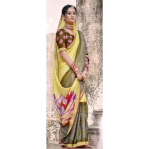 Women's Moss Chiffon Floral Printed Foil Embellished Latkan on pallu Saree With Blouse (Light Yellow, 5-6 Mtrs)