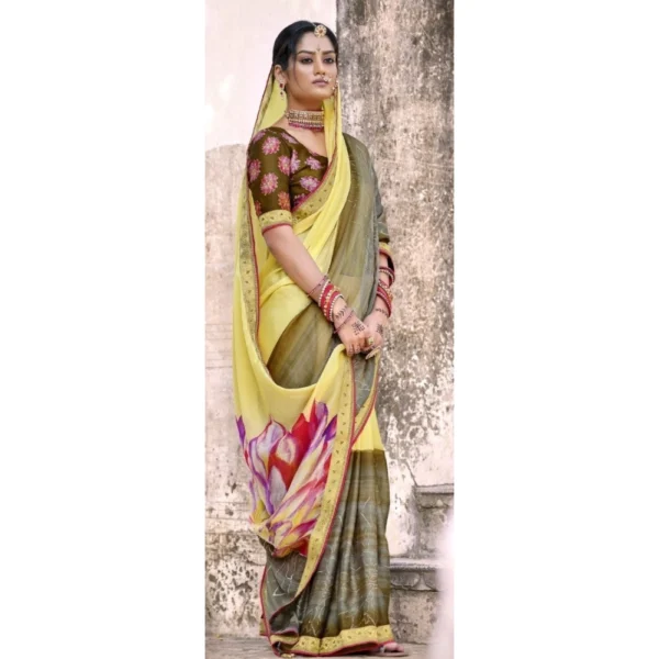 Women's Moss Chiffon Floral Printed Foil Embellished Latkan on pallu Saree With Blouse (Light Yellow, 5-6 Mtrs)