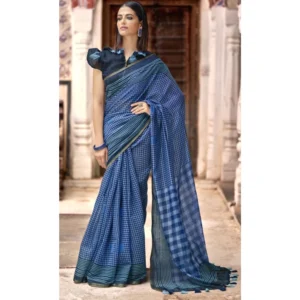 Women's Cotton Checks Printed Saree With Blouse (Blue, 5-6 Mtrs)