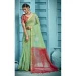 Women's Organza Floral Printed Saree With Blouse (Green, 5-6 Mtrs)
