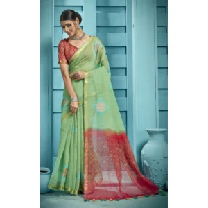 Women's Organza Floral Printed Saree With Blouse (Green, 5-6 Mtrs)